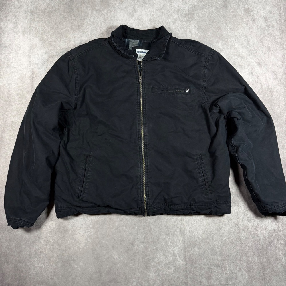 Old Navy Mens XL Black Canvas Work Jacket Corduroy Collar Plaid Lined Full Zip